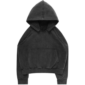 Vintage Washed Black Raw Seam Hoodie - Heavyweight Streetwear Unisex Cropped Pullover