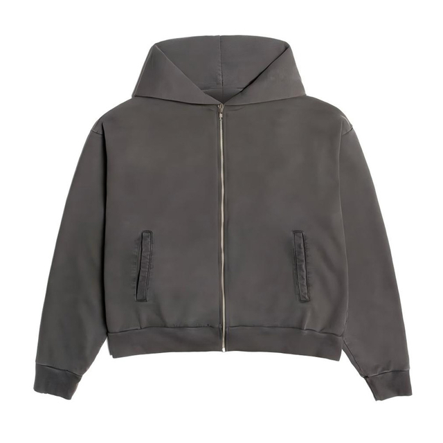 Customizable Heavyweight Garment Dyed Zip-Up Hoodie, Vintage Washed Gray Oversized Streetwear Hooded Sweatshirt