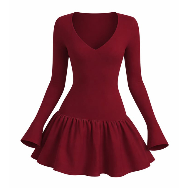 Custom V-Neck Long Sleeve Flare Hem Mini Dress Manufacturer