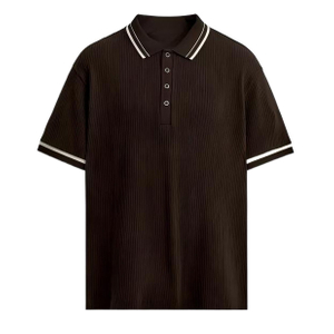 Black Ribbed Knit Polo Shirt with White Stripes