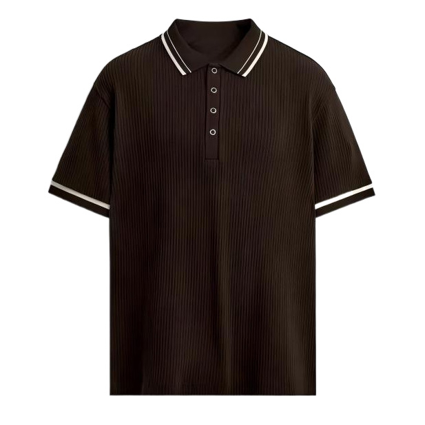 Black Ribbed Knit Polo Shirt with White Stripes