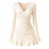 China Custom Ribbed Knit Wrap V-Neck Flare Mini Dress Manufacturer