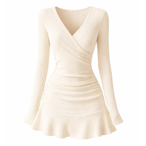China Custom Ribbed Knit Wrap V-Neck Flare Mini Dress Manufacturer